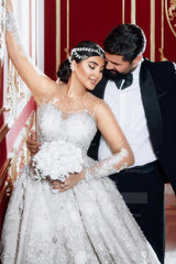 Luxurious White Sweetheart Beaded Illusion Sleeves Sequined Ball Gown Long Tulle Wedding Dresses With Pearls And Appliques