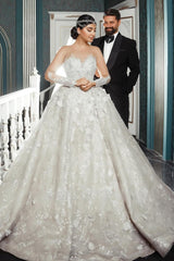 Luxurious White Sweetheart Beaded Illusion Sleeves Sequined Ball Gown Long Tulle Wedding Dresses With Pearls And Appliques