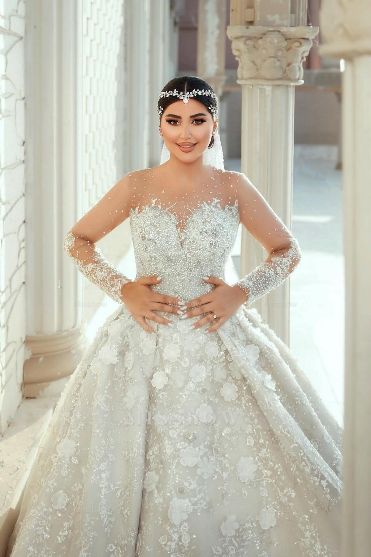 Luxurious White Sweetheart Beaded Illusion Sleeves Sequined Ball Gown Long Tulle Wedding Dresses With Pearls And Appliques