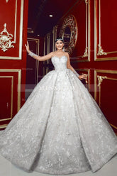 Luxurious White Sweetheart Beaded Illusion Sleeves Sequined Ball Gown Long Tulle Wedding Dresses With Pearls And Appliques