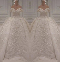 Luxury A-line Off-the-shoulder White Wedding Dresses V-neck Tulle Lace Bridal Gowns With Flowers