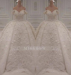 Luxury A-line Off-the-shoulder White Wedding Dresses V-neck Tulle Lace Bridal Gowns With Flowers