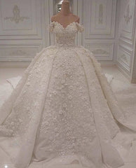 Luxury A-line Off-the-shoulder White Wedding Dresses V-neck Tulle Lace Bridal Gowns With Flowers