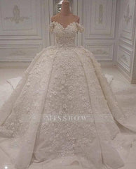 Luxury A-line Off-the-shoulder White Wedding Dresses V-neck Tulle Lace Bridal Gowns With Flowers