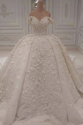 Luxury A-line Off-the-shoulder White Wedding Dresses V-neck Tulle Lace Bridal Gowns With Flowers