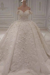 Luxury A-line Off-the-shoulder White Wedding Dresses V-neck Tulle Lace Bridal Gowns With Flowers