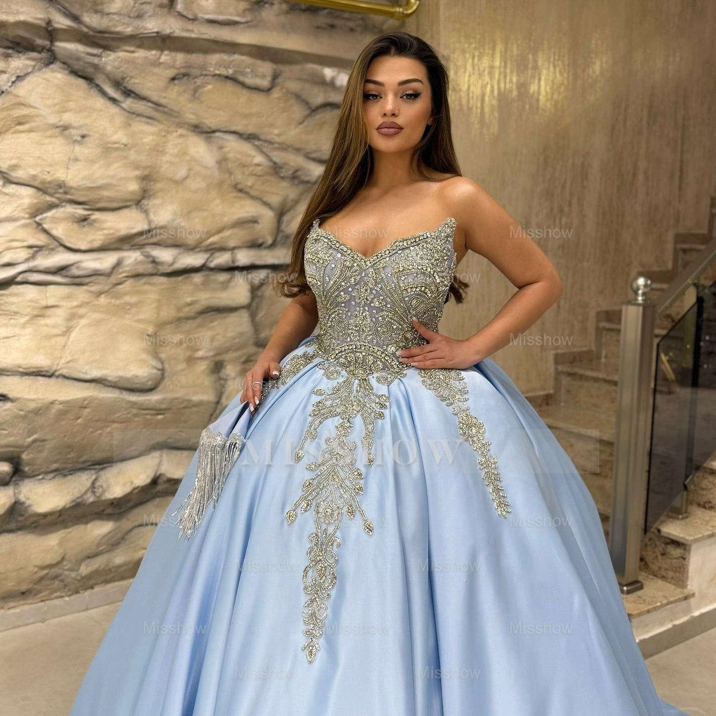 Luxury Blue Ball Gown Strapless Beaded Floor-Length Satin Quinceanera Dress With Rhinestones