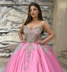 Luxury Blue Ball Gown Strapless Beaded Floor-Length Satin Quinceanera Dress With Rhinestones