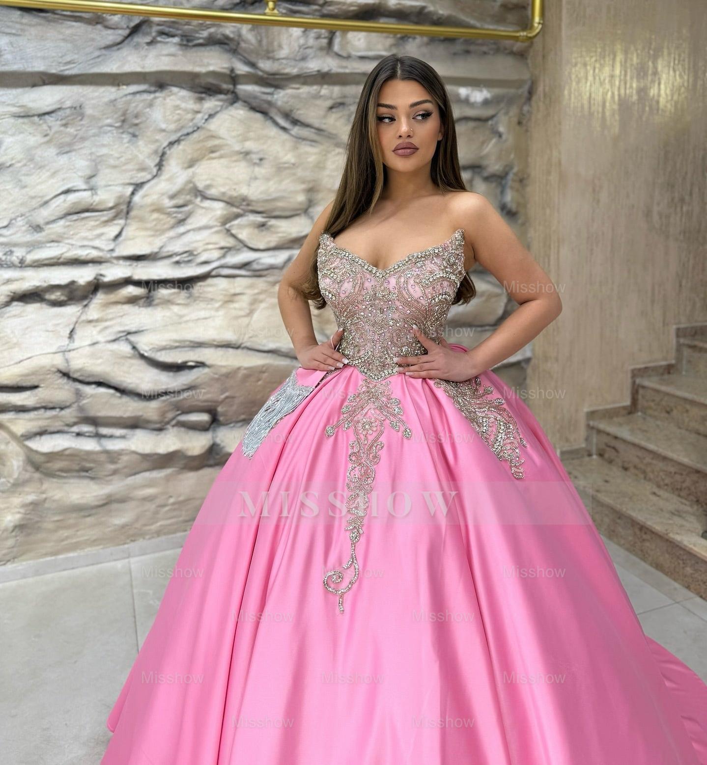 Luxury Blue Ball Gown Strapless Beaded Floor-Length Satin Quinceanera Dress With Rhinestones