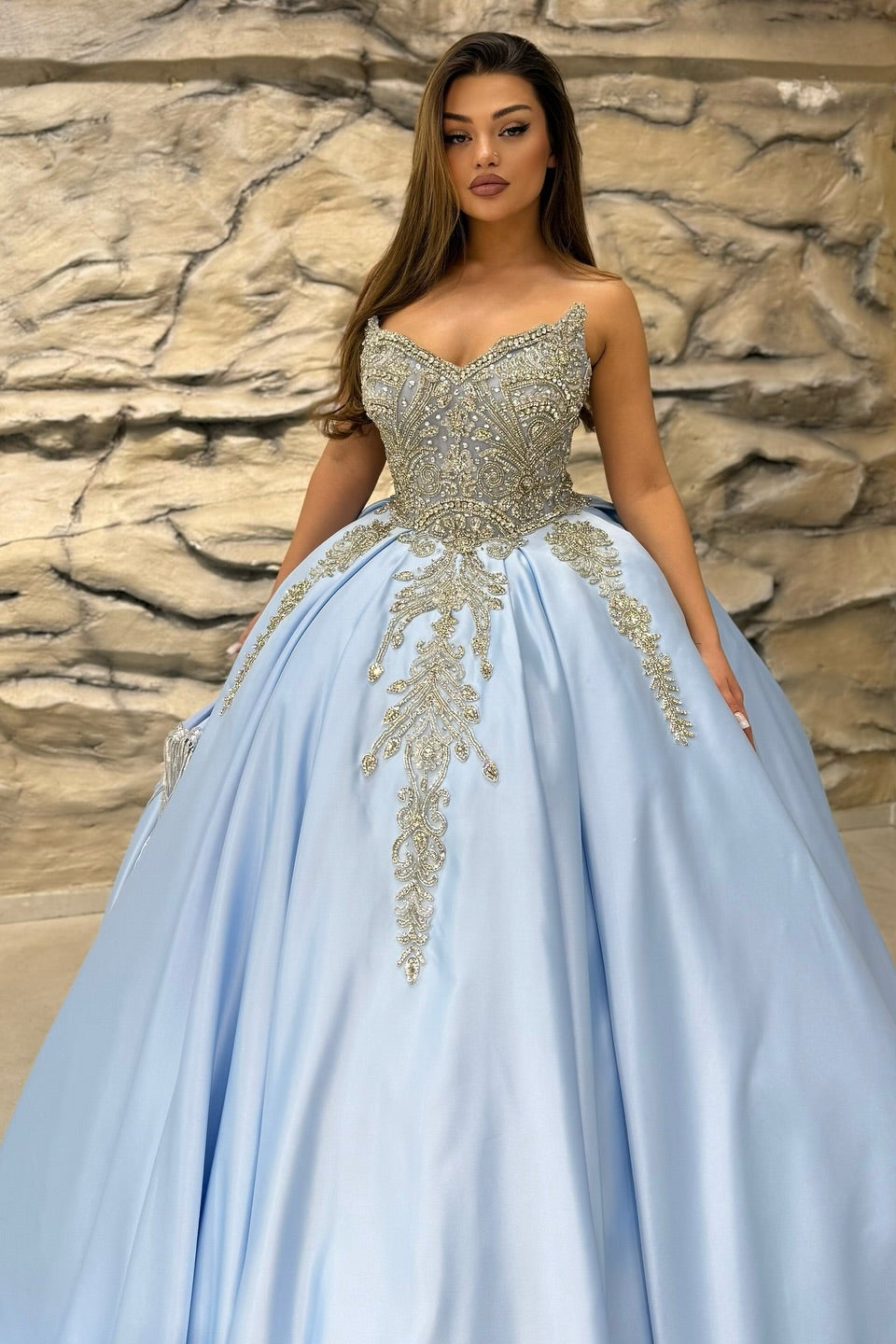 Luxury Blue Ball Gown Strapless Beaded Floor-Length Satin Quinceanera Dress With Rhinestones