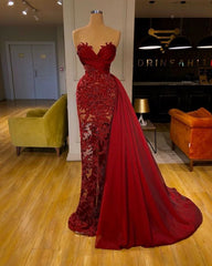 Luxury Burgundy Detachable Train Mermaid Prom Evening Dresses with Lace