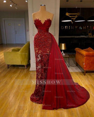 Luxury Burgundy Detachable Train Mermaid Prom Evening Dresses with Lace