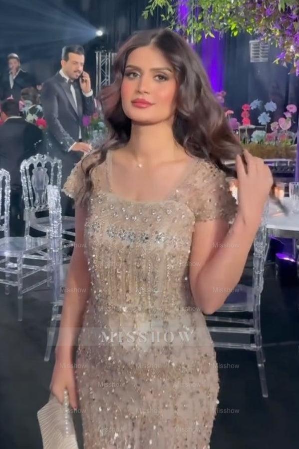 Luxury Champagne Short-Sleeve Square-Neck Mermaid Evening Dress with Rhinestones