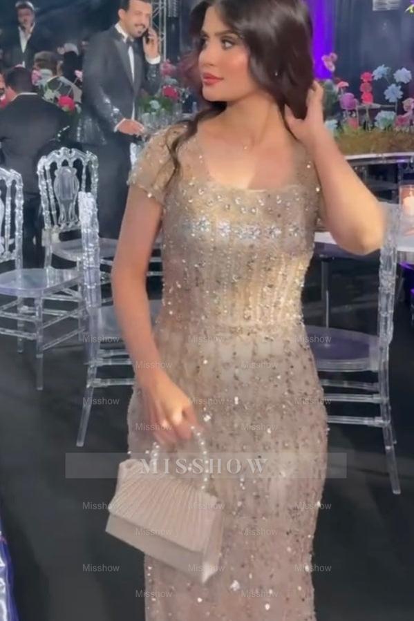 Luxury Champagne Short-Sleeve Square-Neck Mermaid Evening Dress with Rhinestones