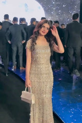 Luxury Champagne Short-Sleeve Square-Neck Mermaid Evening Dress with Rhinestones