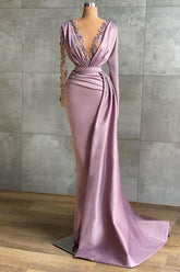 Luxury Floor-length Light Purple Ruffles Mermaid Prom Evening Dresses With Long Sleeves