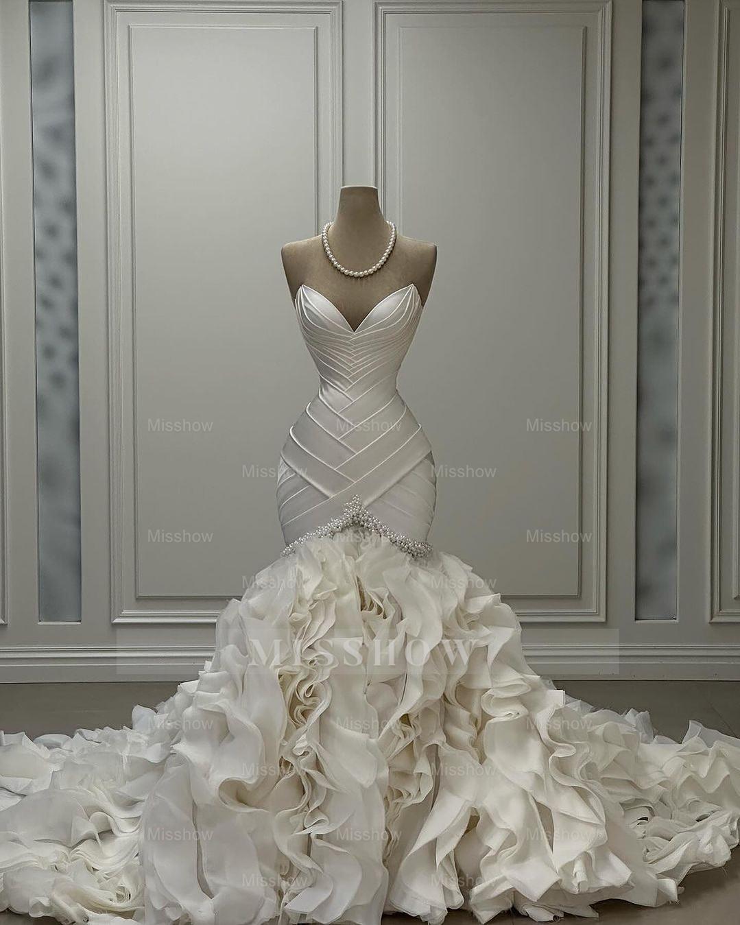 Luxury Ivory Wedding Dresses Bridal Gowns Formal Beads Sweep Train