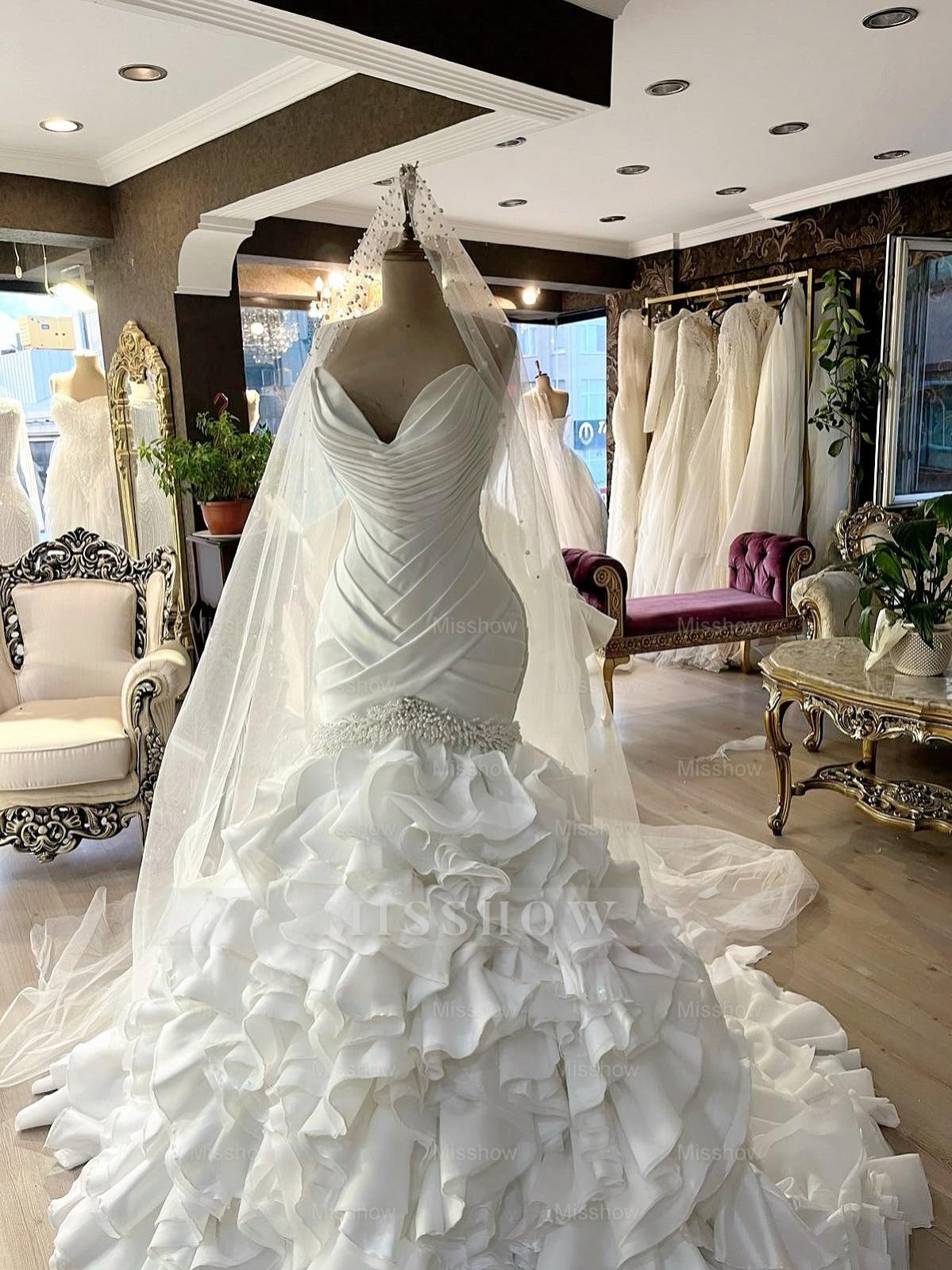 Luxury Ivory Wedding Dresses Bridal Gowns Formal Beads Sweep Train
