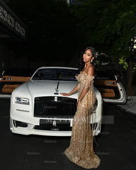 Luxury Long Gold Off-the-shoulder Beaded Mermaid Prom Dress with Lace