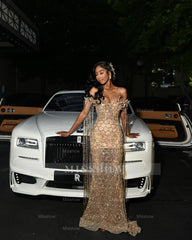 Luxury Long Gold Off-the-shoulder Beaded Mermaid Prom Dress with Lace