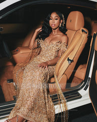 Gold off-the-shoulder beaded mermaid prom dress