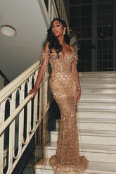 Gold off-the-shoulder beaded mermaid prom dress