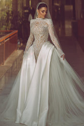 Luxury Long High Neck White Mermaid Lace Beaded Wedding Dress with Long Sleeves and Detachable Train