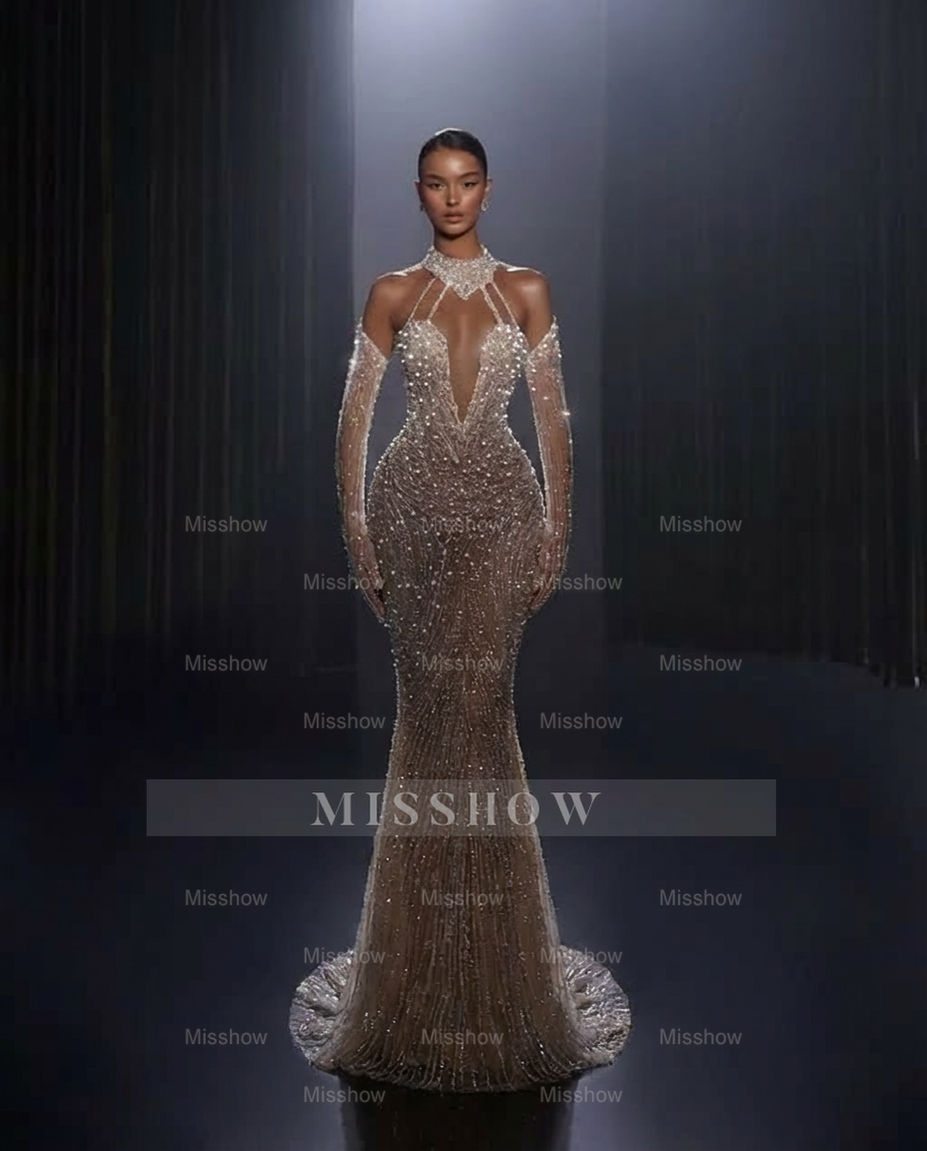 Luxury Long Mermaid Beaded Tulle Wedding Dress with Detachable Train