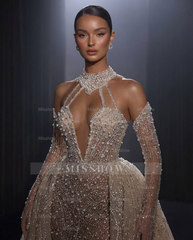 Luxury Long Mermaid Beaded Tulle Wedding Dress with Detachable Train