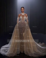 Luxury Long Mermaid Beaded Tulle Wedding Dress with Detachable Train