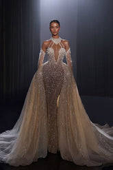 Luxury Long Mermaid Beaded Tulle Wedding Dress with Detachable Train