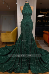 Luxury Long Mermaid Halter Beading Sleeveless Wedding Dress With Pearls