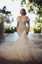 Luxury Long Mermaid Heavy Made Beaded Wedding Dress with Slit and Ruffles