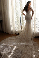 Luxury Long Mermaid Sweetheart Tulle Lace Wedding Dresses with Sleeves