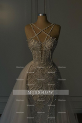 Luxury Long Mermaid V-Neck Spaghetti Strap Heavy Wedding Dress With Beadings