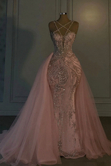 Blushing pink v-neck beaded mermaid wedding dress