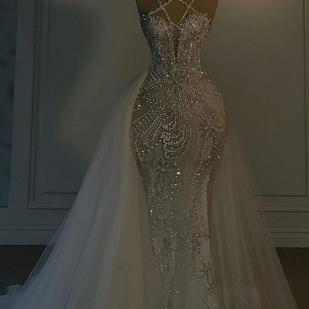 Luxury Long Mermaid V-Neck Spaghetti Strap Heavy Wedding Dress With Be ...