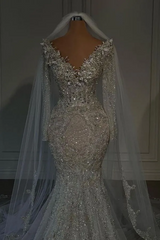 Luxury Long Mermaid V-neck Sequined Beaded Wedding Dresses with Sleeves