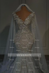 Luxury Long Mermaid V-neck Sequined Beaded Wedding Dresses with Sleeves