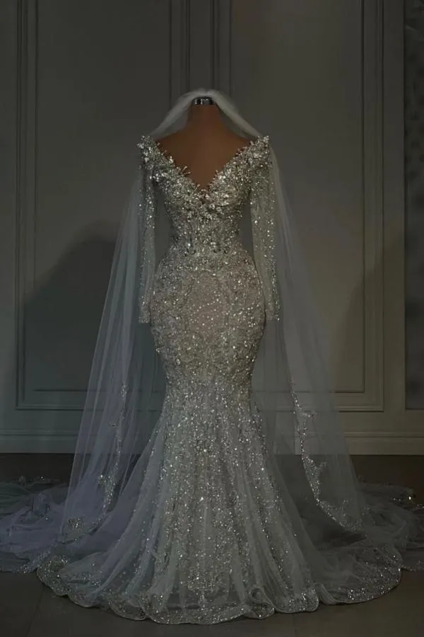 Luxury Long Mermaid V-neck Sequined Beaded Wedding Dresses with Sleeves