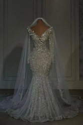 Luxury Long Mermaid V-neck Sequined Beaded Wedding Dresses with Sleeves