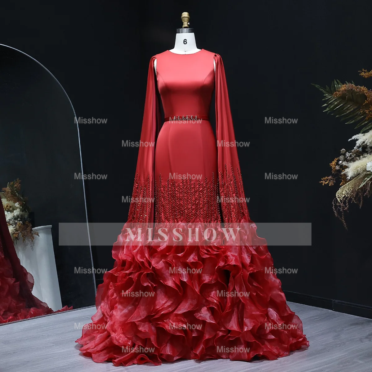 Luxury Long Nude Mermaid Satin Tulle Ruffles Evening Dress With Cape Sleeves