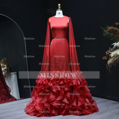 Luxury Long Nude Mermaid Satin Tulle Ruffles Evening Dress With Cape Sleeves