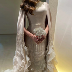 Luxury Long Nude Mermaid Satin Tulle Ruffles Evening Dress With Cape Sleeves