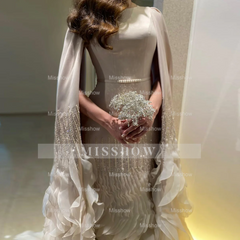 Luxury Long Nude Mermaid Satin Tulle Ruffles Evening Dress With Cape Sleeves
