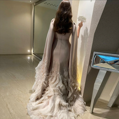 Luxury Long Nude Mermaid Satin Tulle Ruffles Evening Dress With Cape Sleeves