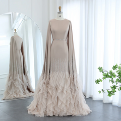 Luxury Long Nude Mermaid Satin Tulle Ruffles Evening Dress With Cape Sleeves