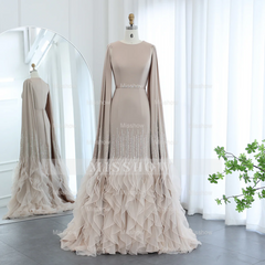 Luxury Long Nude Mermaid Satin Tulle Ruffles Evening Dress With Cape Sleeves