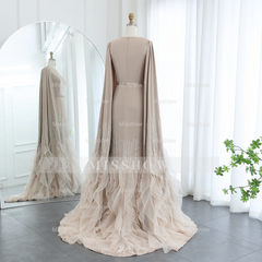 Luxury Long Nude Mermaid Satin Tulle Ruffles Evening Dress With Cape Sleeves