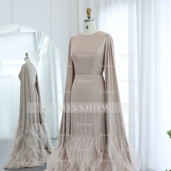 Luxury Long Nude Mermaid Satin Tulle Ruffles Evening Dress With Cape Sleeves